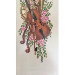 Vintage geborduurd schilderij kussen viool trombone bloemen