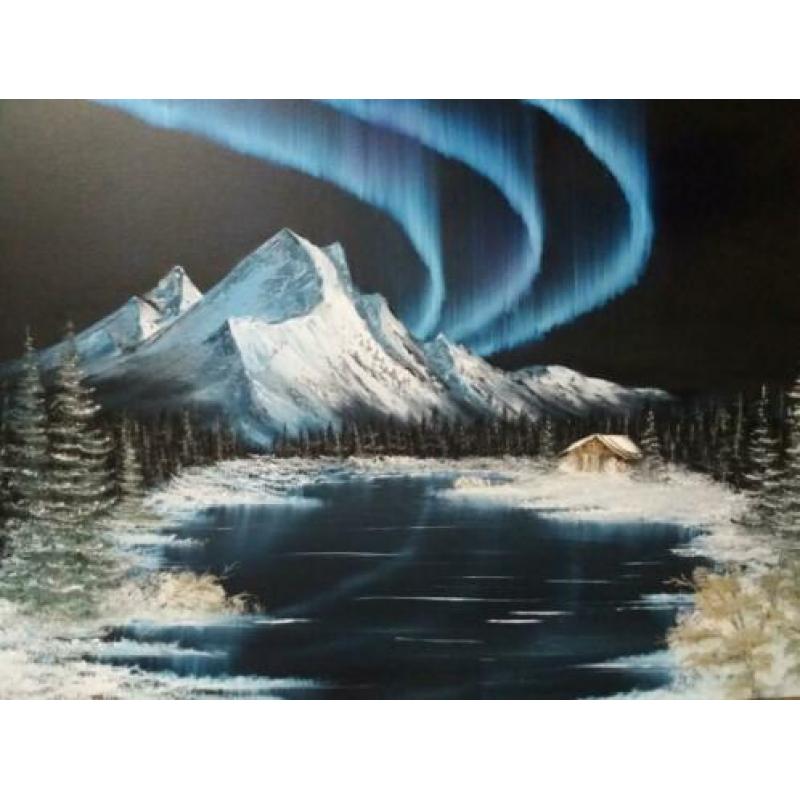 Olieverf schilderij noorderlicht Bob Ross inspiratie 80x60